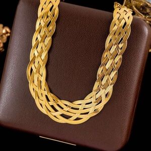 Gold Plated Stainless Steel Woven Chain Statement Necklace